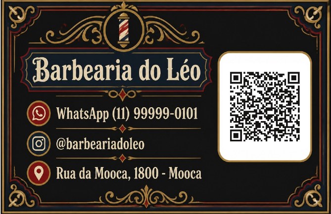 Verso do cartão de visita com QR code para agendar do Barbearia do Léo, barbearia de exemplo, estilo Barbearia Clássica