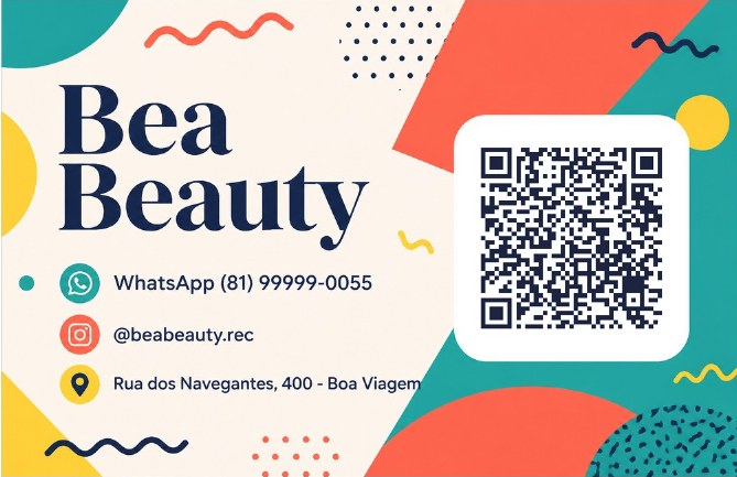 Verso do cartão de visita com QR code para agendar do Bea Beauty, studio de exemplo, estilo Moderno Colorido