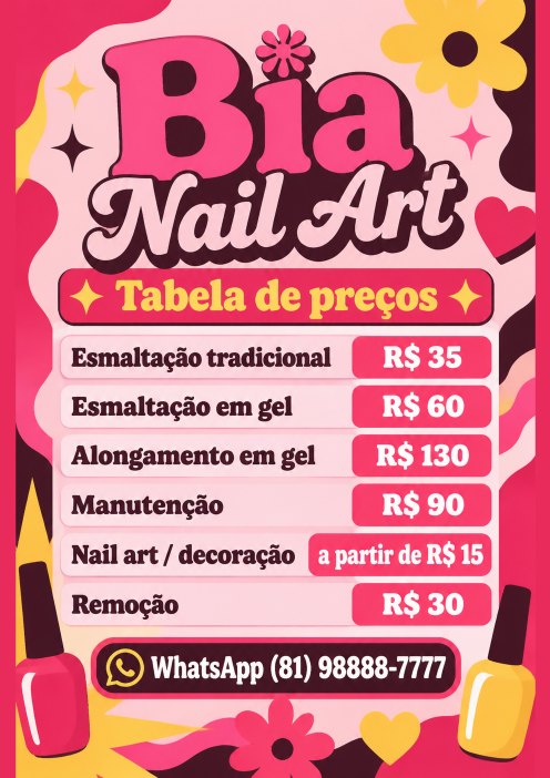 Tabela de preços A4 da Bia Nail Art, studio de exemplo gerado pelo kit