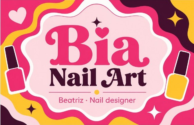 Frente do cartão de visita da Bia Nail Art, studio de exemplo