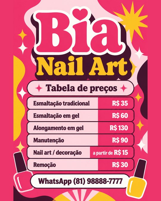 Tabela de preços do Bia Nail Art, gerada pelo kit