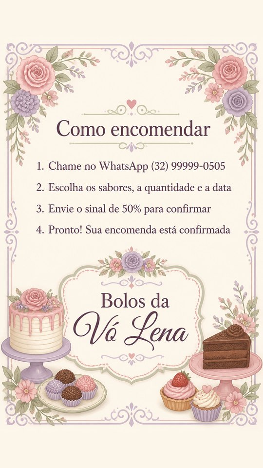 Story de como agendar do Bolos da Vó Lena, confeitaria de exemplo, estilo Floral Delicado