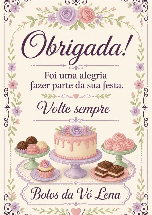 Mensagem de agradecimento da Bolos da Vó Lena, confeitaria de exemplo