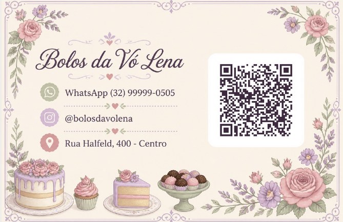 Verso do cartão de visita com QR code para agendar do Bolos da Vó Lena, confeitaria de exemplo, estilo Floral Delicado