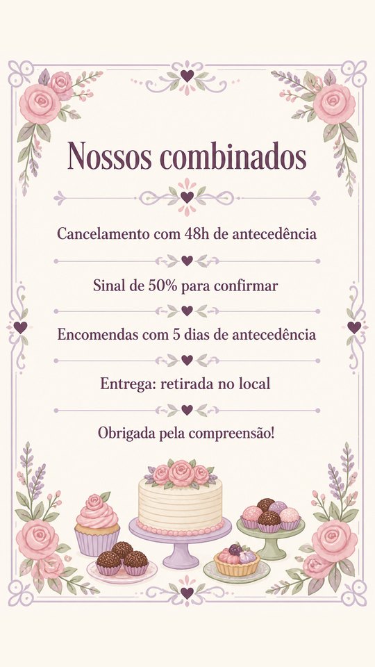 Combinados de encomenda da Bolos da Vó Lena, confeitaria de exemplo