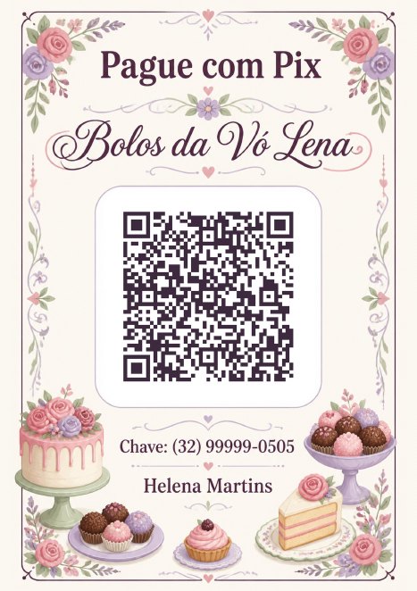 Placa Pix com QR code do Bolos da Vó Lena, confeitaria de exemplo, estilo Floral Delicado