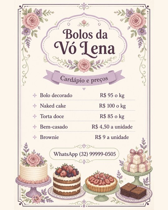 Tabela de preços do Bolos da Vó Lena, gerada pelo kit
