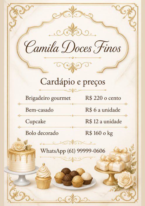 Cardápio A4 para imprimir da Camila Doces Finos, confeitaria de exemplo