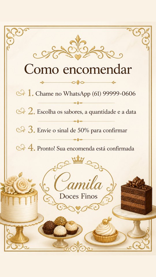 Story de como agendar do Camila Doces Finos, confeitaria de exemplo, estilo Luxo Dourado