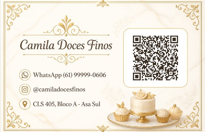 Verso do cartão de visita com QR code para agendar do Camila Doces Finos, confeitaria de exemplo, estilo Luxo Dourado