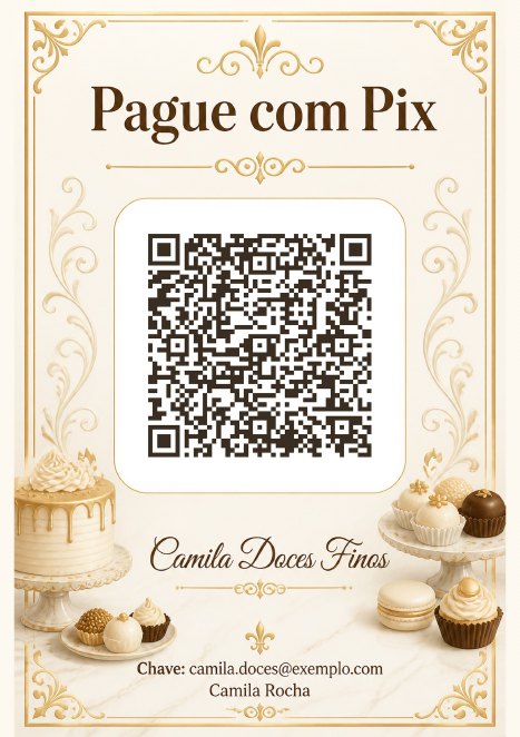 Placa Pix com QR code do Camila Doces Finos, confeitaria de exemplo, estilo Luxo Dourado