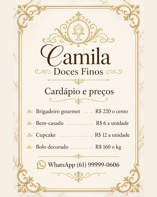 Tabela de preços do Camila Doces Finos, gerada pelo kit
