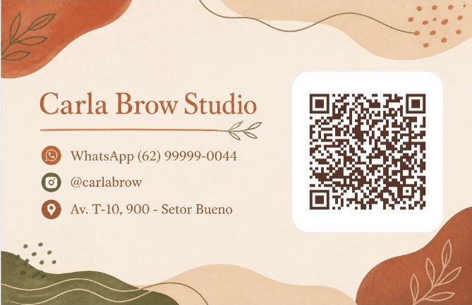 Verso do cartão de visita com QR code para agendar do Carla Brow Studio, studio de exemplo, estilo Boho Terroso