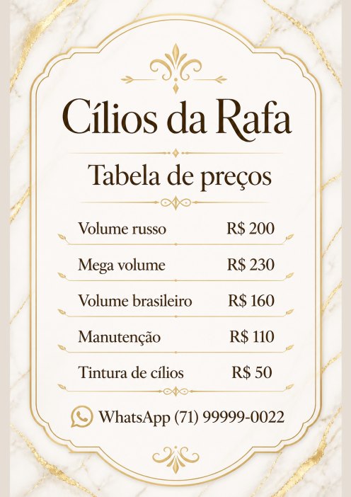 Tabela em A4 do Cílios da Rafa, studio de exemplo gerado pelo kit