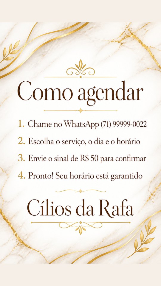 Story de como agendar do Cílios da Rafa, studio de exemplo, estilo Luxo Dourado