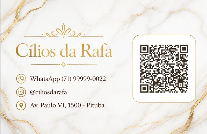 Verso do cartão de visita com QR code para agendar do Cílios da Rafa, studio de exemplo, estilo Luxo Dourado
