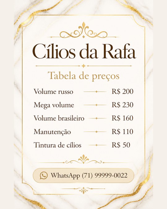 Tabela de preços do Cílios da Rafa, gerada pelo kit