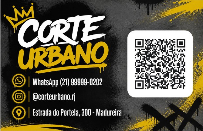 Verso do cartão de visita com QR code para agendar do Corte Urbano, barbearia de exemplo, estilo Barbearia Urbana