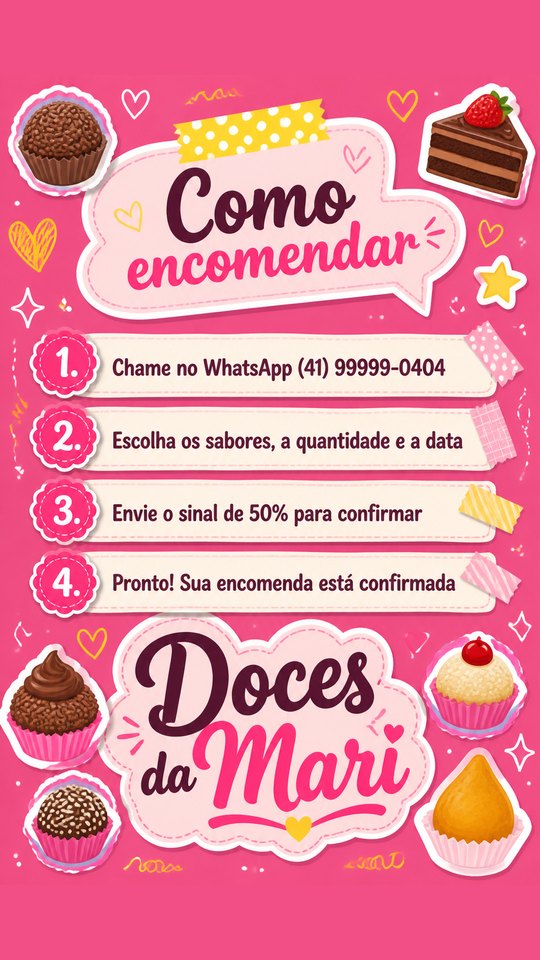 Story de como agendar do Doces da Mari, confeitaria de exemplo, estilo Pink Modern