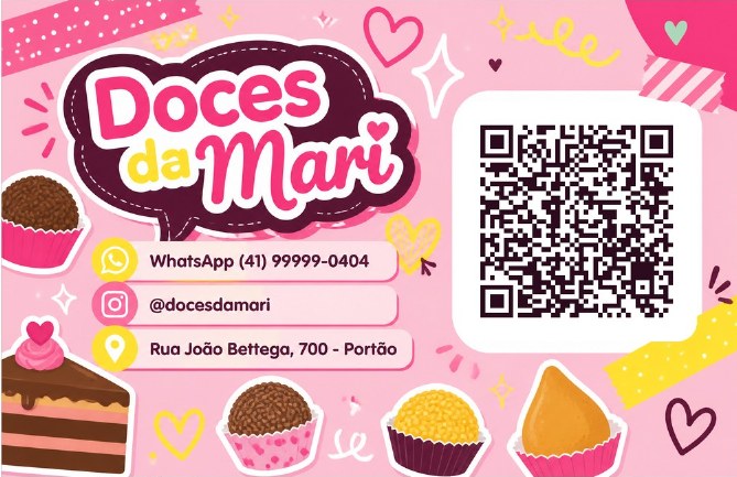 Verso do cartão de visita com QR code para agendar do Doces da Mari, confeitaria de exemplo, estilo Pink Modern
