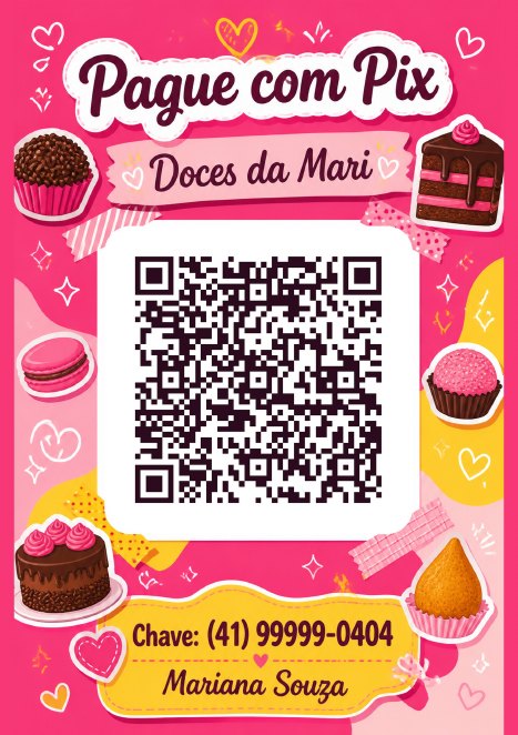 Placa Pix com QR code do Doces da Mari, confeitaria de exemplo, estilo Pink Modern