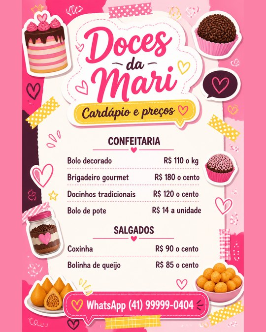 Tabela de preços do Doces da Mari, gerada pelo kit