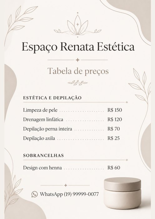 Tabela em A4 do Espaço Renata Estética, studio de exemplo gerado pelo kit