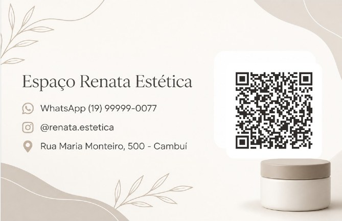 Verso do cartão de visita com QR code para agendar do Espaço Renata Estética, studio de exemplo, estilo Minimal Clean