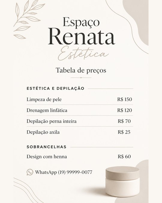 Tabela de preços do Espaço Renata Estética, gerada pelo kit