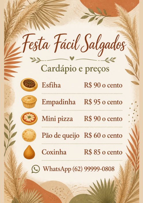 Tabela A4 para imprimir da Festa Fácil Salgados, negócio de salgados de exemplo