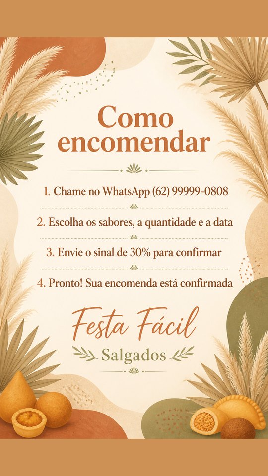 Story de como agendar do Festa Fácil Salgados, negócio de exemplo, estilo Boho Terroso