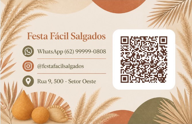 Verso do cartão de visita com QR code para agendar do Festa Fácil Salgados, negócio de exemplo, estilo Boho Terroso