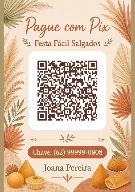 Placa Pix com QR code do Festa Fácil Salgados, negócio de exemplo, estilo Boho Terroso
