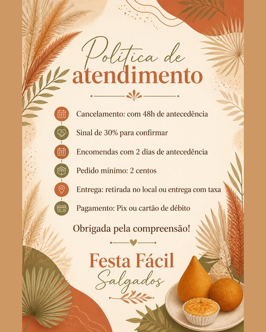 Política de encomendas da Festa Fácil Salgados, negócio de salgados de exemplo