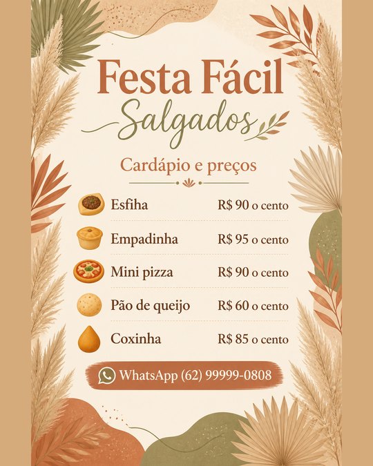 Tabela de preços do Festa Fácil Salgados, gerada pelo kit