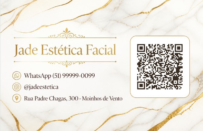 Verso do cartão de visita com QR code para agendar do Jade Estética Facial, studio de exemplo, estilo Luxo Dourado