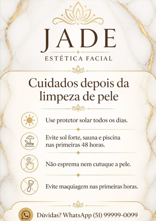 Cuidados depois do atendimento da Jade Estética Facial, studio de exemplo gerado pelo kit
