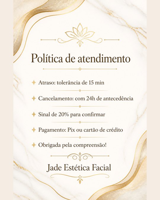 Política de atendimento da Jade Estética Facial, studio de exemplo gerado pelo kit