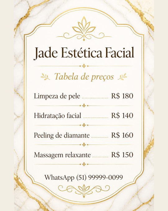 Tabela de preços do Jade Estética Facial, gerada pelo kit