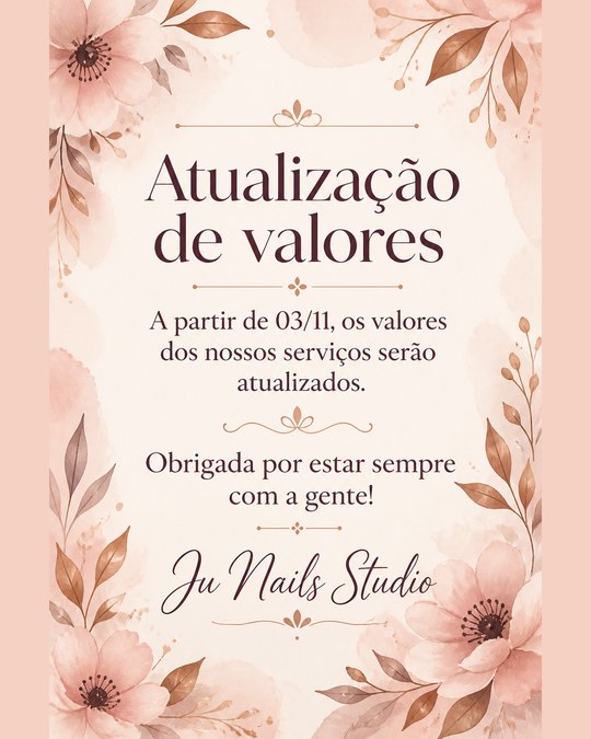 Comunicado de atualização de valores do Ju Nails Studio, studio de exemplo