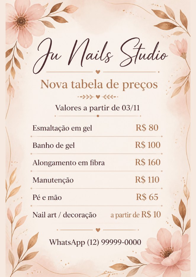 Nova tabela em A4 para imprimir, do Ju Nails Studio, studio de exemplo