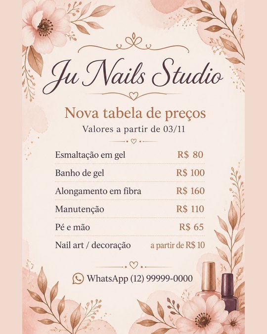 Nova tabela de preços com a data da mudança, do Ju Nails Studio, studio de exemplo