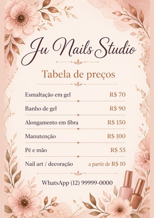 Tabela de preços A4 do Ju Nails Studio, studio de exemplo gerado pelo kit