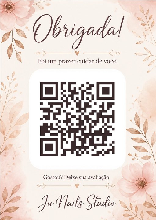 Cartão de agradecimento com QR de avaliação do Ju Nails Studio, studio de exemplo gerado pelo kit