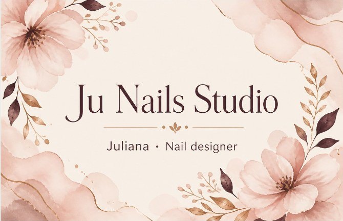 Frente do cartão de visita do Ju Nails Studio, studio de exemplo gerado pelo kit