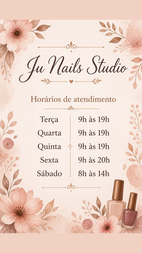 Post de horários do Ju Nails Studio, studio de exemplo gerado pelo kit