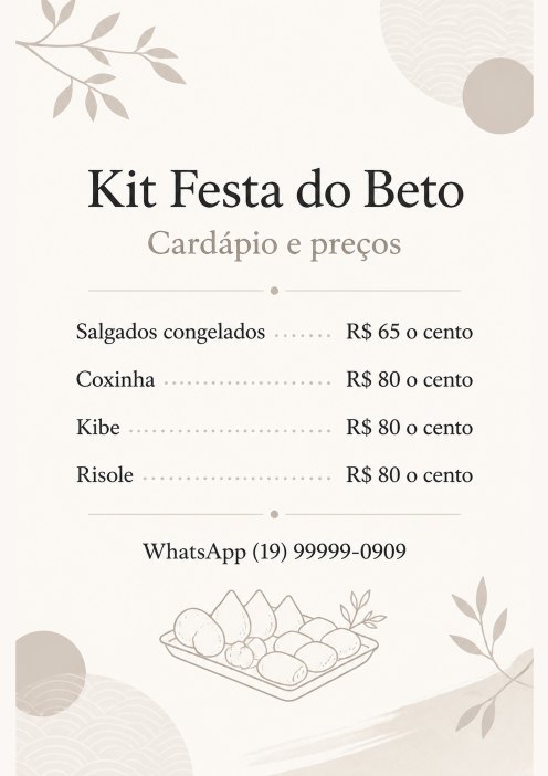 Cardápio A4 do Kit Festa do Beto, negócio de exemplo