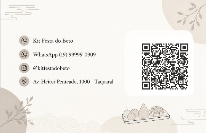 Verso do cartão de visita com QR code para agendar do Kit Festa do Beto, negócio de exemplo, estilo Minimal Clean