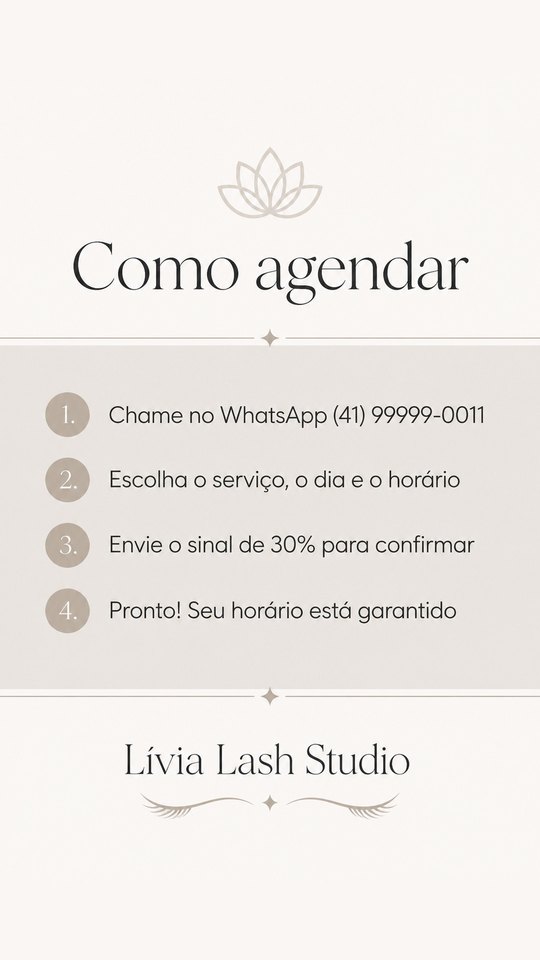 Story de como agendar do Lívia Lash Studio, studio de exemplo, estilo Minimal Clean