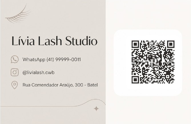 Verso do cartão de visita com QR code para agendar do Lívia Lash Studio, studio de exemplo, estilo Minimal Clean
